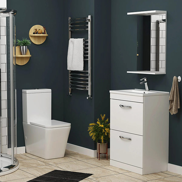 Small Bathroom Suite - Floor Standing Cabinet and Close Coupled Toilet