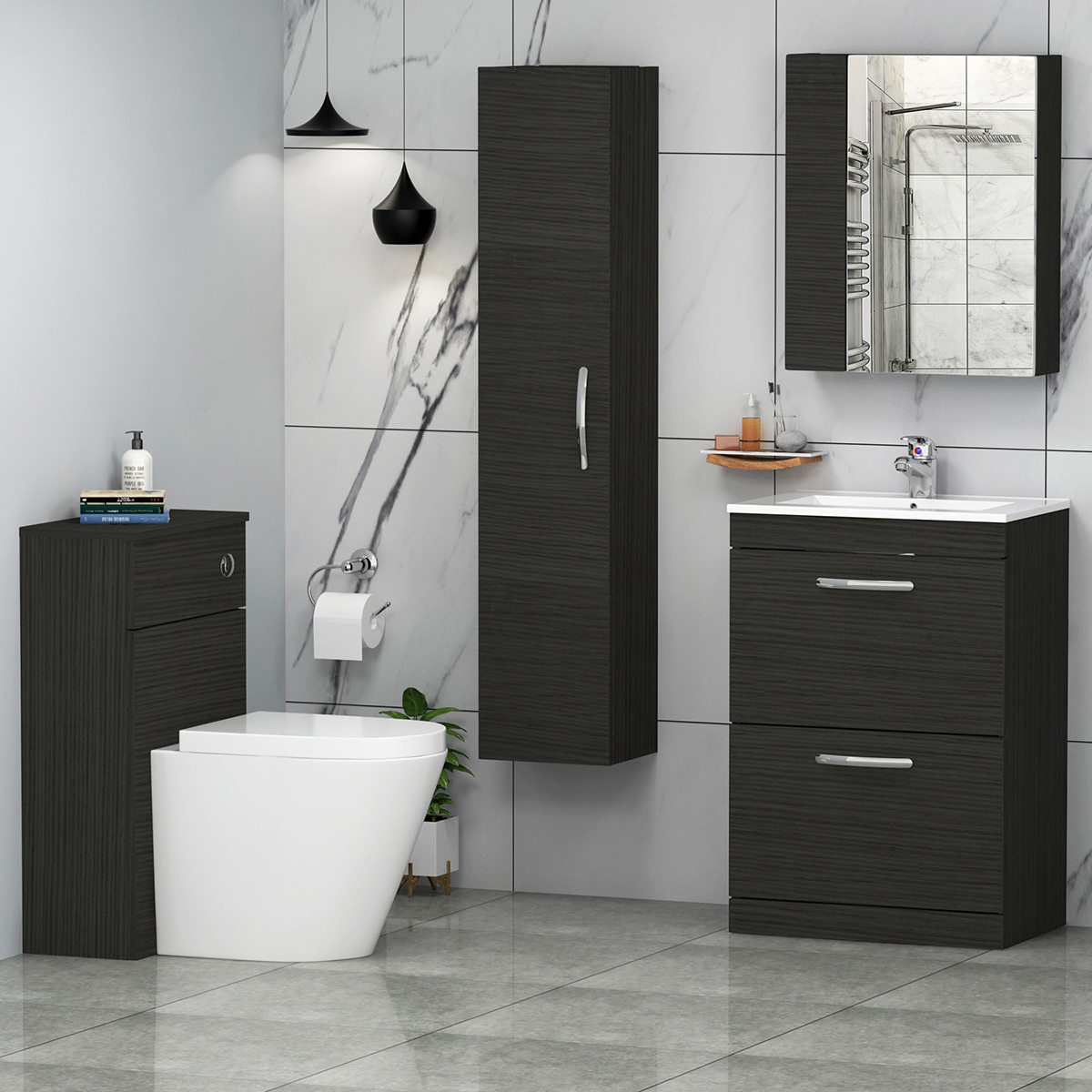 Bathroom Furniture Hale Black - Vanity Unit, WC Unit, BTW Pan and Tall Unit