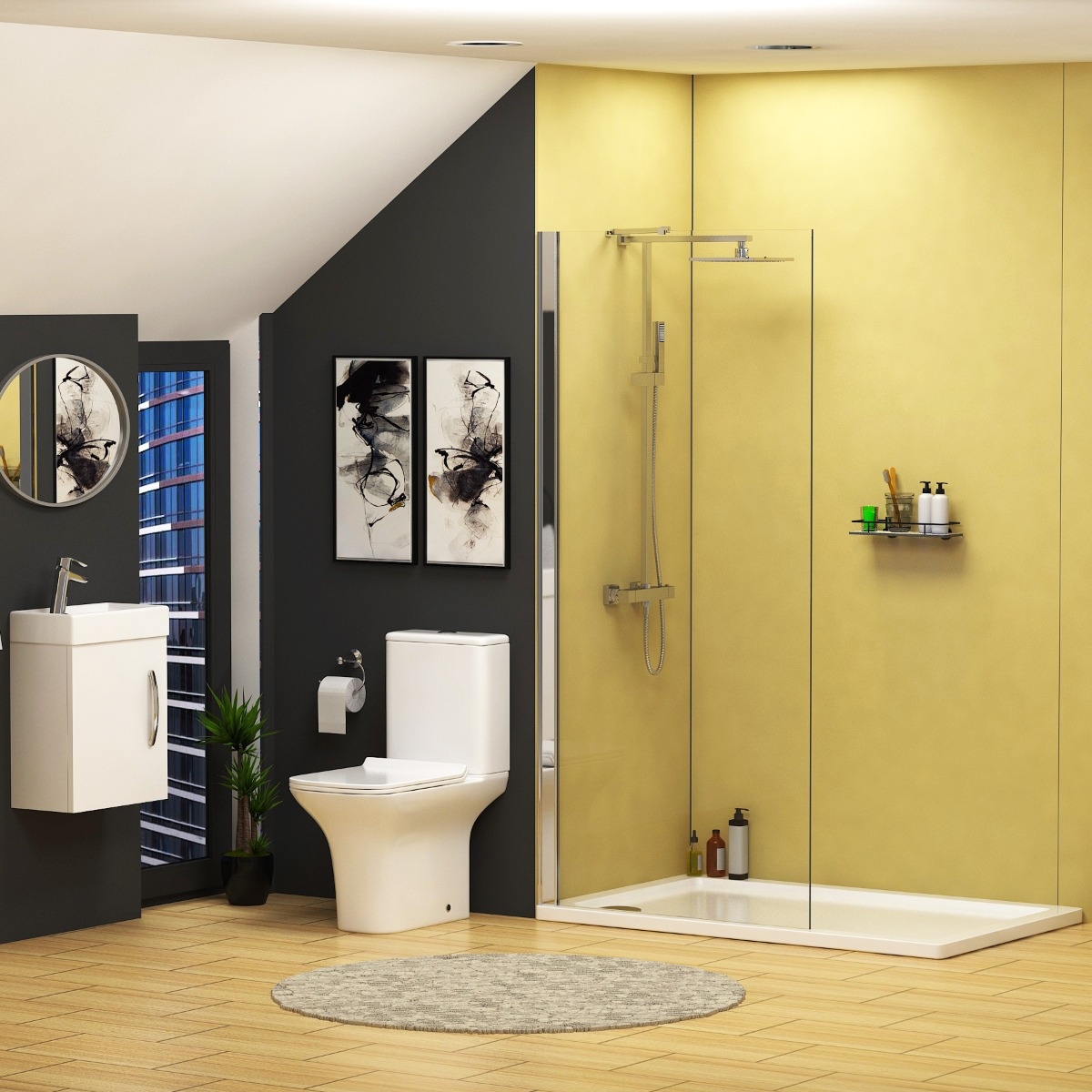Wet Rooms Screen Bathroom Suite with Toilet and wall hung cabinet