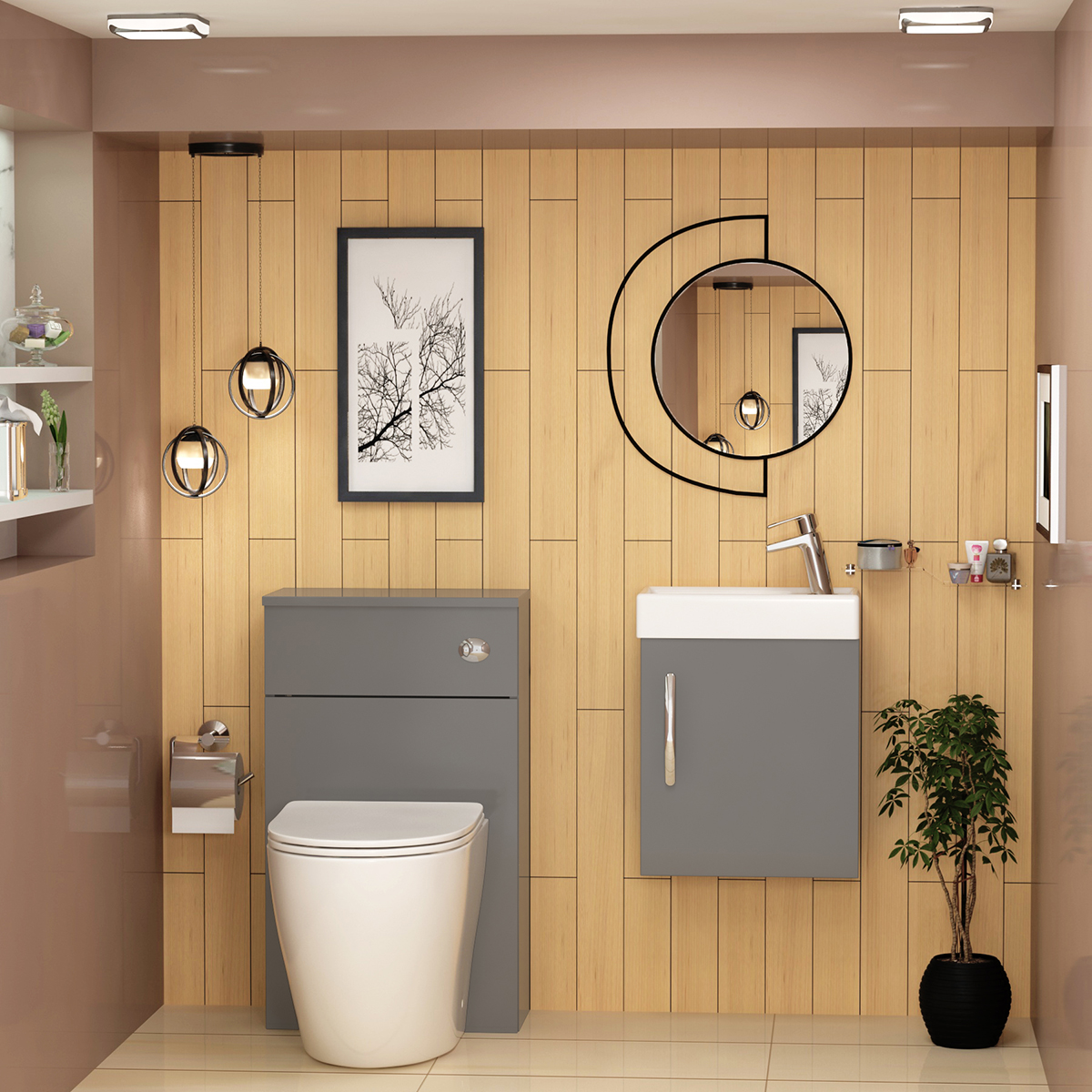 Small Bathroom Suite - Wall Hung Cabinet and WC Unit with Pan Gloss Grey
