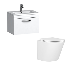 Cloakroom Suite 600mm Gloss White 1 Door Wall Hung Vanity Unit Minimalist Basin & Cesar Wall Mounted Toilet