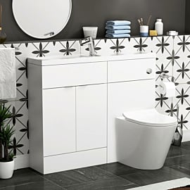 Elena 1100mm Gloss White 2 Door Floor Standing Vanity Unit with Compact Polymarble Basin & Slim Cesar BTW Toilet Pack