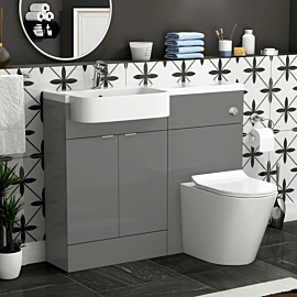 Elena 1100mm Indigo Grey Gloss 2 Door Floor Standing Vanity Unit with L/H Curved Semi Recessed Basin & Slim Cesar BTW Toilet Pack