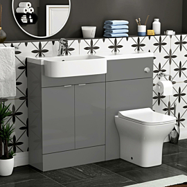Elena 1100mm Indigo Grey Gloss 2 Door Floor Standing Vanity Unit with L/H Curved Semi Recessed Basin & Slim Qubix BTW Toilet Pack