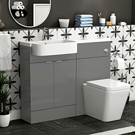 Elena 1100mm Indigo Grey Gloss 2 Door Floor Standing Vanity Unit with L/H Curved Semi Recessed Basin & Elena BTW Toilet Pack