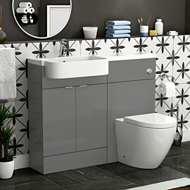 Elena 1100mm Indigo Grey Gloss 2 Door Floor Standing Vanity Unit with L/H Curved Semi Recessed Basin & Abacus BTW Toilet Pack