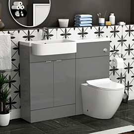 Elena 1100mm Indigo Grey Gloss 2 Door Floor Standing Vanity Unit with L/H Curved Semi Recessed Basin & Slim Abacus BTW Toilet Pack