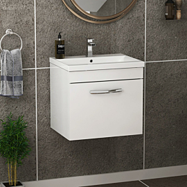 Turin 500mm Wall Hung Vanity Sink Unit 1 Drawer Gloss White - Mid-Edge Basin