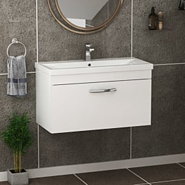 Turin 800mm Wall Hung Vanity Sink Unit 1 Drawer Gloss White - Mid-Edge Basin