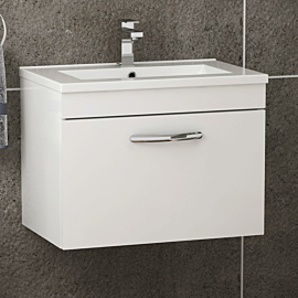 Turin 600mm Wall Hung Vanity Sink Unit 1 Drawer Gloss White - Minimalist Basin
