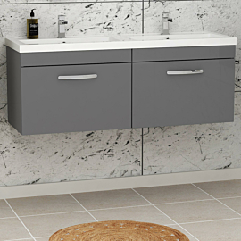Modern 1200mm Wall Hung Vanity Sink Unit Indigo Grey Gloss Double Basin - 2 Drawer Furniture Storage Cabinet