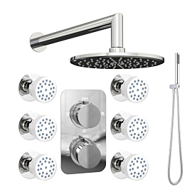 200mm Twin Thermostatic Shower Valve with Round Wall concealed Shower Set, 6 Body Jets and Handset Triple Function - Chrome