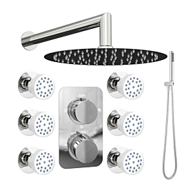 300mm Twin Thermostatic Shower Valve with Slimline Round Wall concealed Shower Set, 6 Body Jets and Handset Triple Function - Chrome