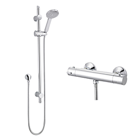 Nuie Chrome Round Water-Saving Shower Slider Rail Kit With Thermostatic ABS Bar Shower Valve Bottom Outlet