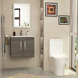 Cloakroom Suite 500mm Grey Elm 2 Door Wall Hung Vanity Unit Basin With Peak Rimless Toilet & Slim Soft Close Seat