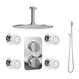 300mm Triple Function Slimline Round Ceiling Shower Set with Twin Thermostatic Shower Valve 4 Body Jets and Handset