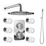 250mm Triple Function Slimline Round Wall Shower Set with Twin Thermostatic Shower Valve, 6 Body Jets and Handset