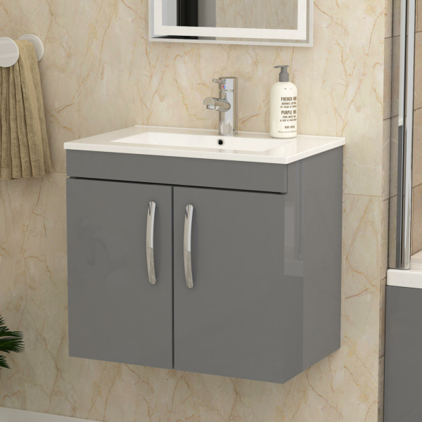 Qubix 1700 x 850mm Left Hand L-Shaped Shower Bath with Screen + Front Panel, 2 Door Wall Hung Vanity Unit & Peak Toilet