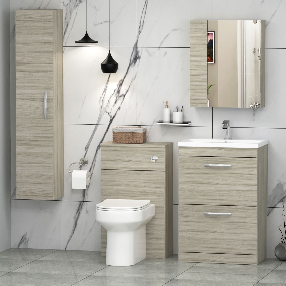 Beachwood Oak Bathroom Furniture Pack - Vanity Unit, WC Unit, BTW Pan & Tall Unit